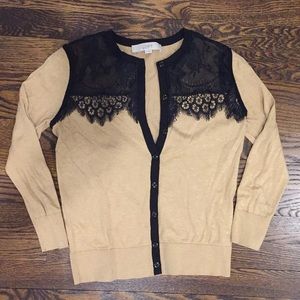 Tan Cardigan with Black Lace Trim